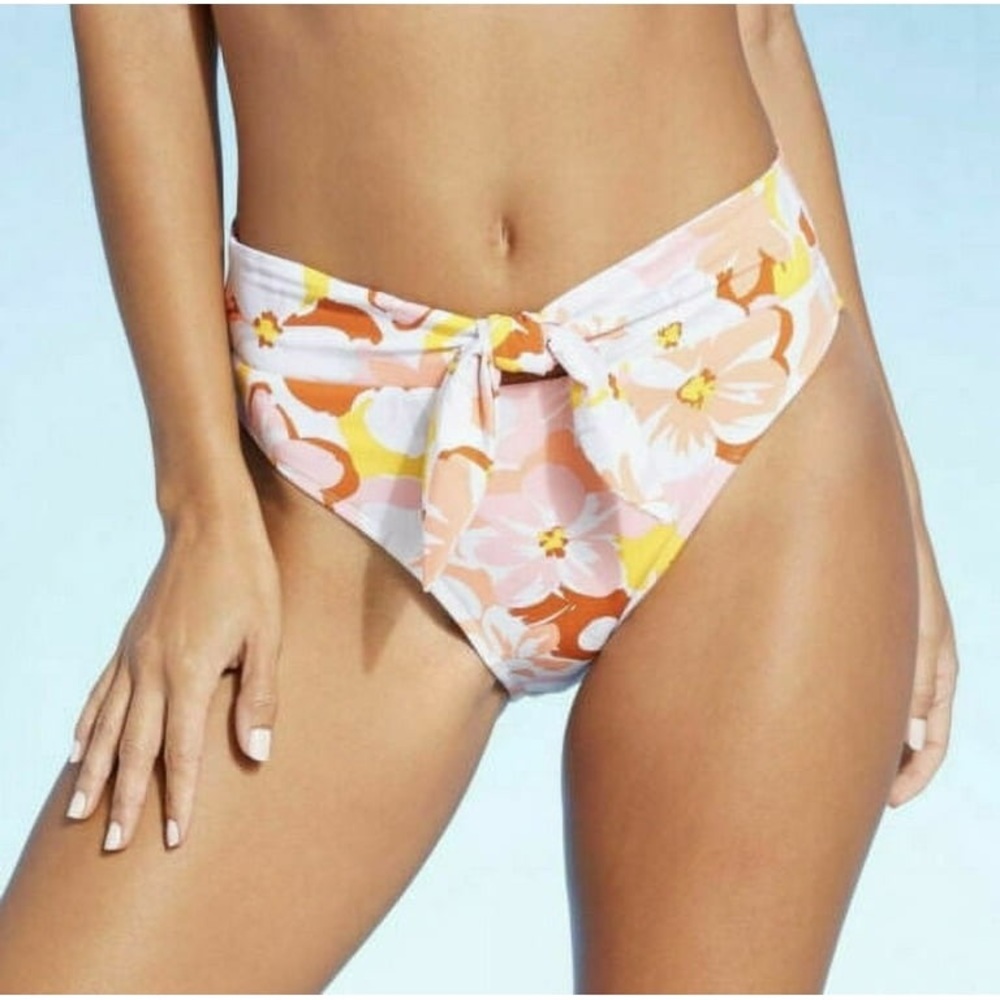 🔴3/$18 NWT Xhilaration Floral Print Sash Tie High Leg Bikini Bottom Floral XS